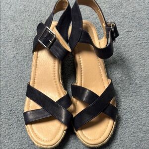 Tan and Blue Sandals with Cork Platform and Ankle Strap